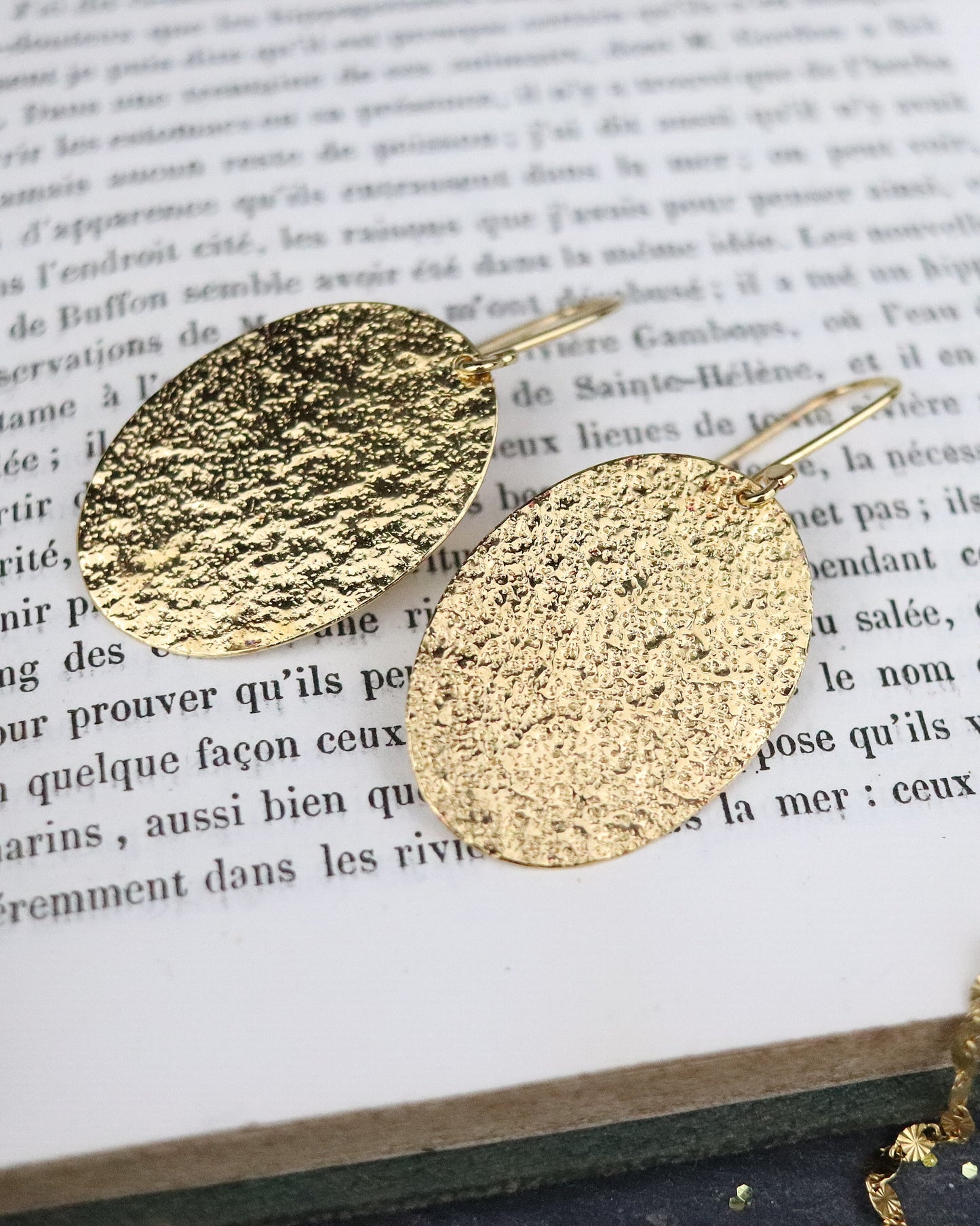 Boucles d'oreilles dormeuses Emery en vermeil (argent 925/1000 plaqué or 5 microns) sur un livre ouvert